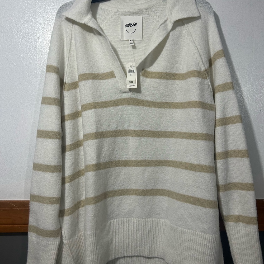 aerie Cream Sweater with Beige Stripes